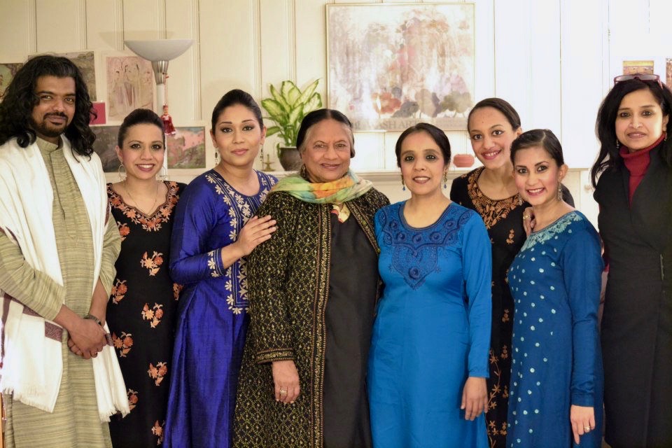 Diditi Mitra in Courtyard Dancers production group photo with Padma Bhushan Kumudini Lakhia (center) and Pallabi Chakravorty, founder-director of Courtyard Dancers (extreme right).